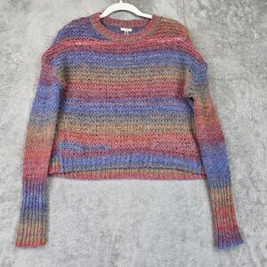 Ecote Sweater Womens XS Multicolor Stripe Open Knit Fuzzy Crewneck Pullover